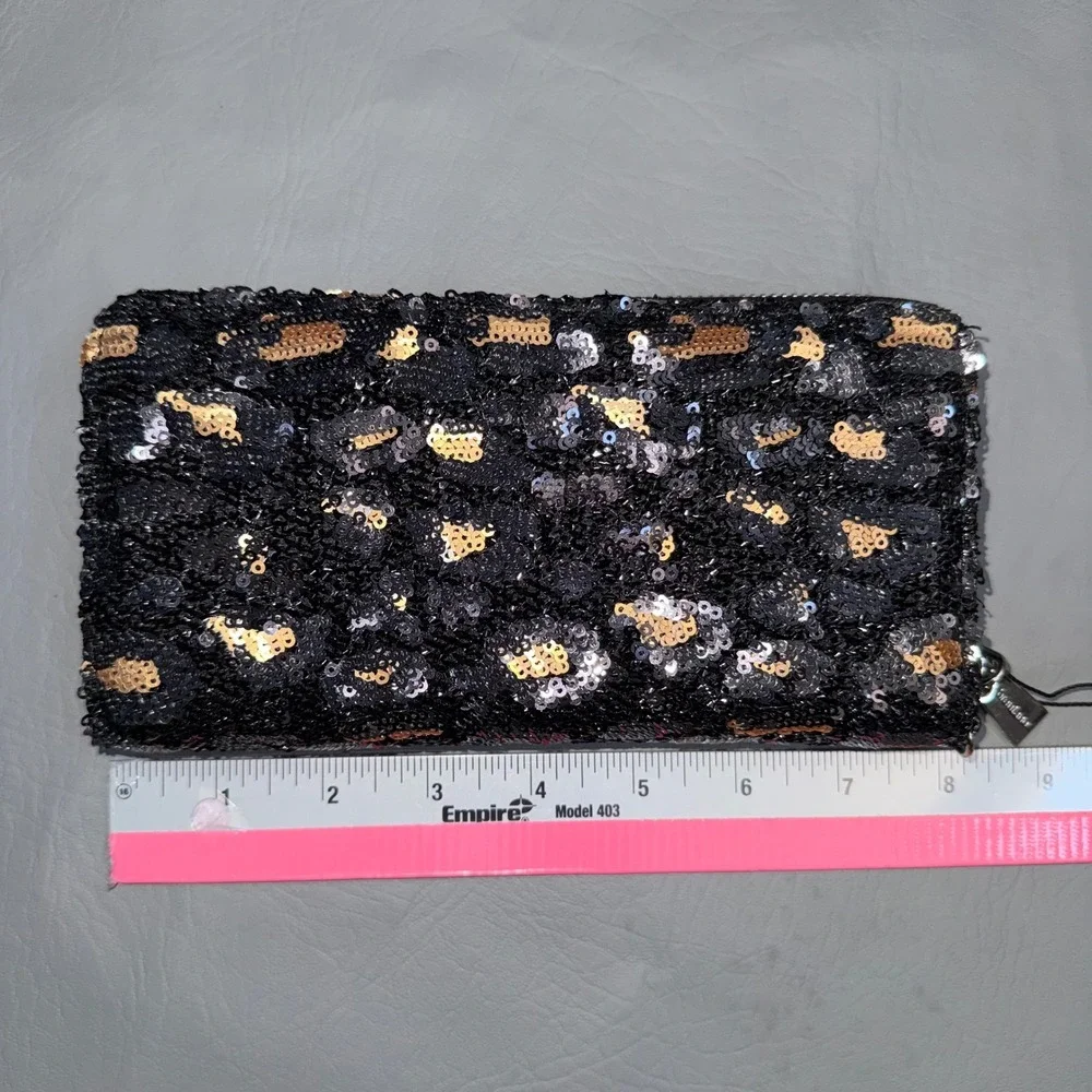 Brentano Leopard Sequin Zip Around Wristlet Wallet Black Gold NEW
